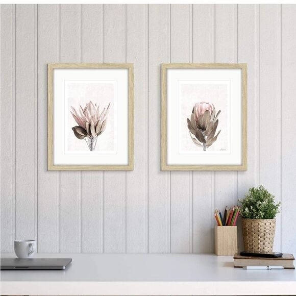 Framed Floral Wall Art Set of 2 – Pink Protea flowers with beige wood frames - Picture 4 of 10
